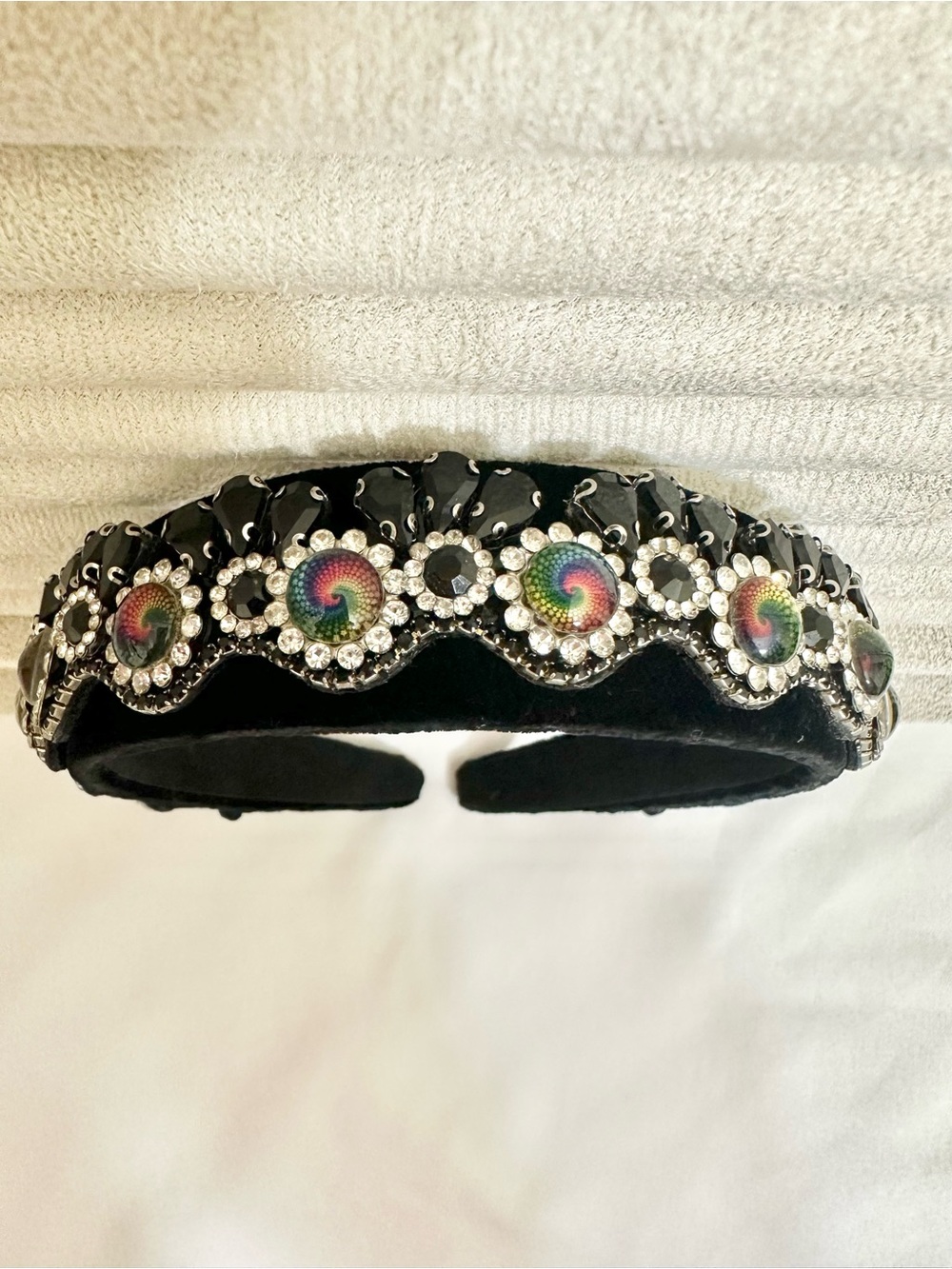 Handmade Black Velvet Headband with Rainbow Crystal Accents